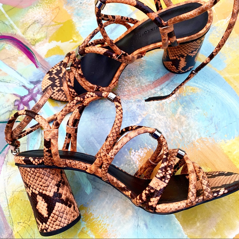 REBECCA MINKOFF block heels snake print 8.5 NWT pink black shoes open strappy